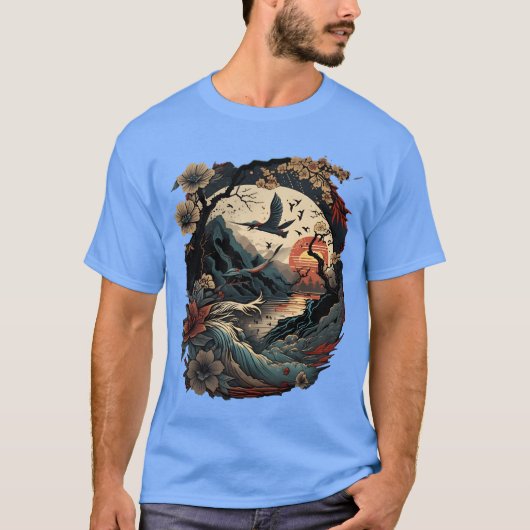 Retro Japans Vogels Rry Bloesem en  vriend T-shirt (Voorkant)