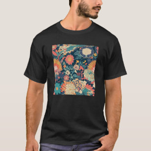 Retro Japanse Bloem Houtblok Abstract Bloemmotief T-shirt