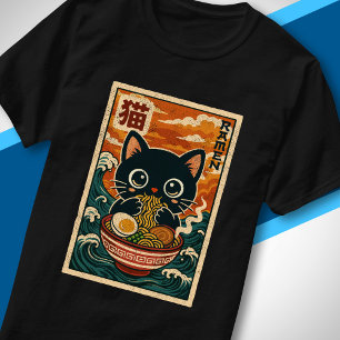 Retro Japanse golf cute zwarte kat die ramen eet T-shirt