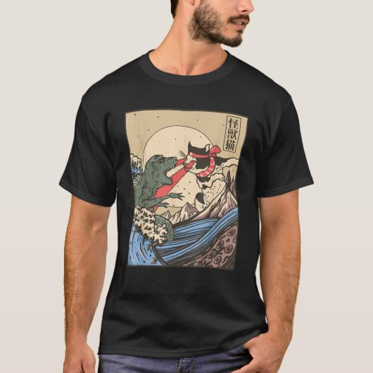  Retro Japanse Great Wave Cat VS Monster G T-shirt (Voorkant)