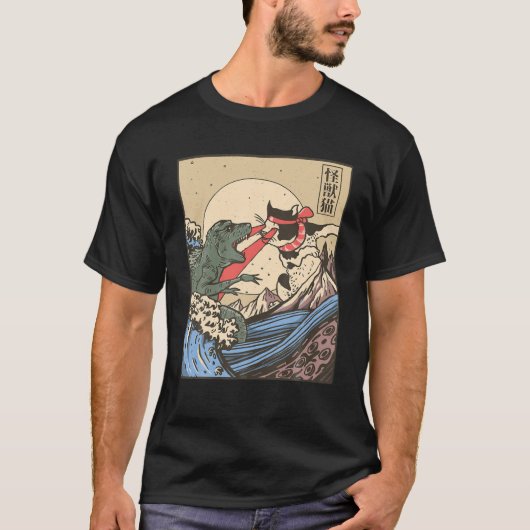  Retro Japanse Great Wave Cat VS Monster G T-shirt (Voorkant)