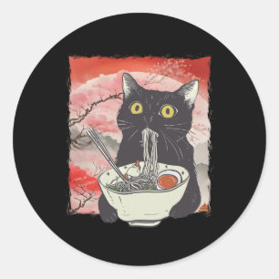 Retro Japanse Kat Eten Ramen Funny Noodles Ronde Sticker