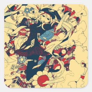 Retro  Japanse Rozen Grafische Kunst Vierkante Sticker