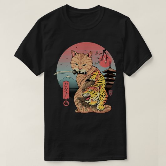 Retro Japanse Samurai Ninja Cat Kawaii Tattoo Cat T-shirt (Design voorkant)