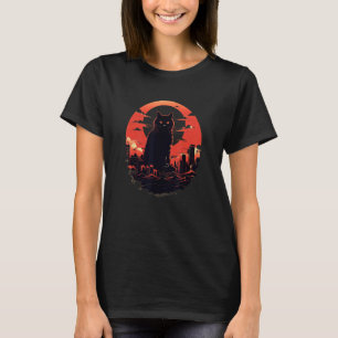 Retro Japanse Stijl Kat Zonsondergang T-Shirt