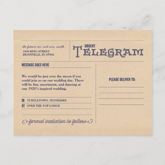 Retro Jar Save the Date - Telegram Stijl - Marine Aankondigingskaart (Achterkant)