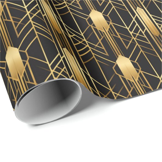 Retro jaren '20 Art Deco Zwart Goud Geometrisch Pa Cadeaupapier (Rol Hoek)