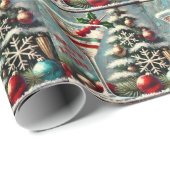 Retro jaren 50 Cranberry Sneeuwvlok Kerst Martini Cadeaupapier (Rol Hoek)