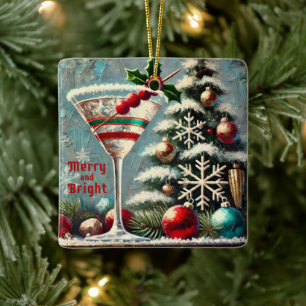 Retro jaren 50 Cranberry Sneeuwvlok Kerst Martini Keramisch Ornament