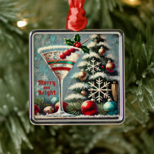 Retro jaren 50 Cranberry Sneeuwvlok Kerst Martini Metalen Ornament