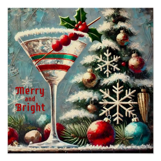 Retro jaren 50 Cranberry Sneeuwvlok Kerst Martini Perfect Poster (Voorkant)