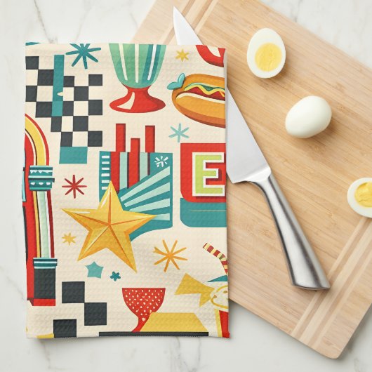 Retro jaren 50 diner abstract geometrisch theedoek (Quarter Fold)
