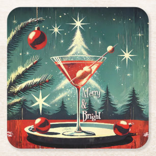 Retro jaren 50 Sneeuwjacht Kerstboom Martini Kartonnen Onderzetters