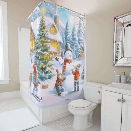 Retro jaren 50 Sneeuwman Kerstmis Douchegordijn (In situ)