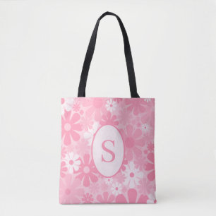 Retro jaren 60 70 bloempatroon met initiële roze tote bag