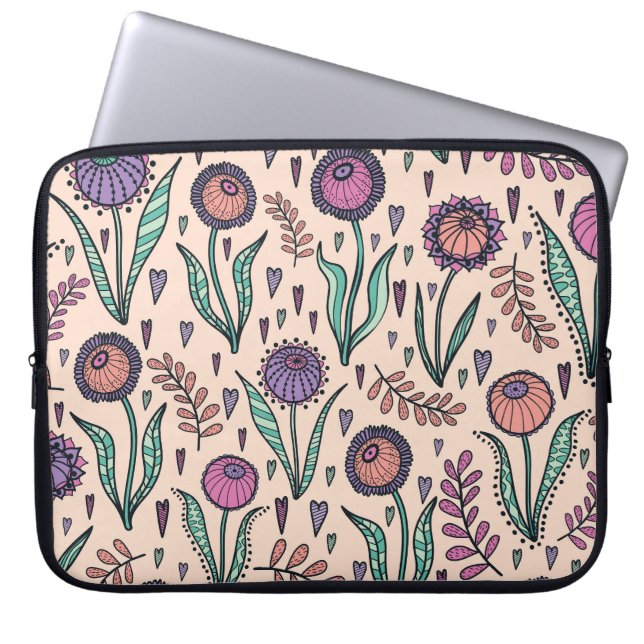 Retro jaren 60 Bloemen: Home Decor Patroon Laptop Sleeve (Voorkant)