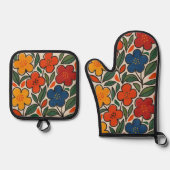 Retro jaren 60 bloemmotief ovenwant & pannenlap set (Voorkant)