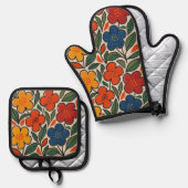 Retro jaren 60 bloemmotief ovenwant & pannenlap set (Voorkant / Achterkant)