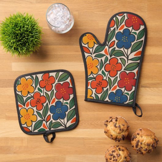 Retro jaren 60 bloemmotief ovenwant & pannenlap set (Top down)