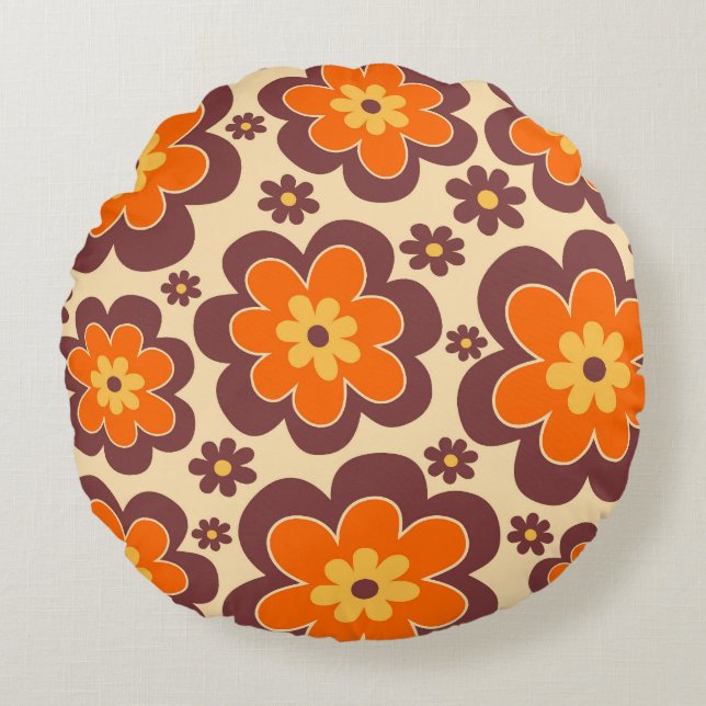 Retro jaren 60 Stijl Bloemen Patroon Rond Kussen (Voorkant)
