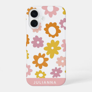 Retro jaren 70 bloempatroon roze gepersonaliseerd iPhone 16 hoesje