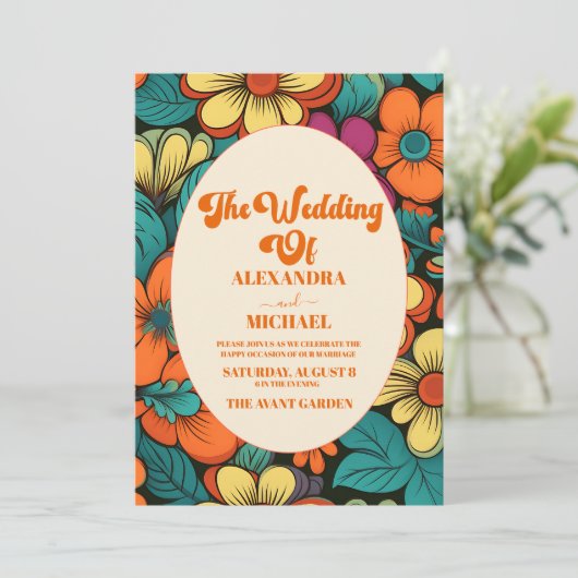 Retro jaren '70 Bruiloft Kaart (Staand voorkant)