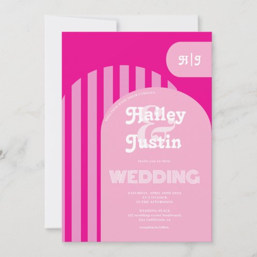  retro jaren 70 roze boog foto bruiloft kaart (Voorkant)