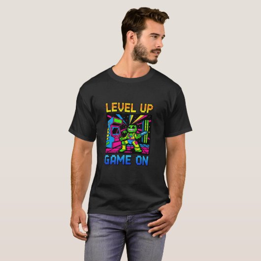 Retro jaren '90 Gaming Pixel Art & "Level Up" Grap T-shirt (Voorkant volledig)