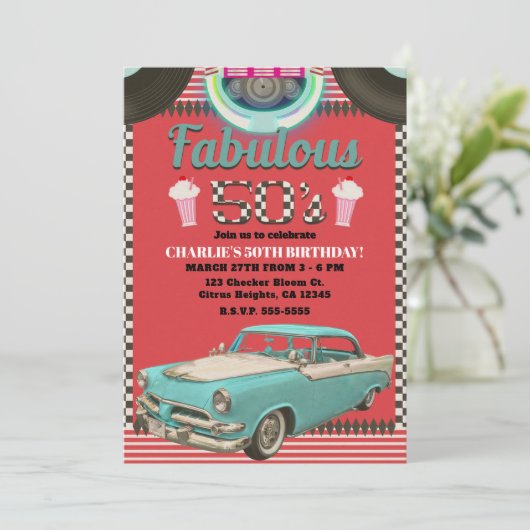 Retro jaren vijftig klassieke auto 50's 50 feest kaart (Staand voorkant)