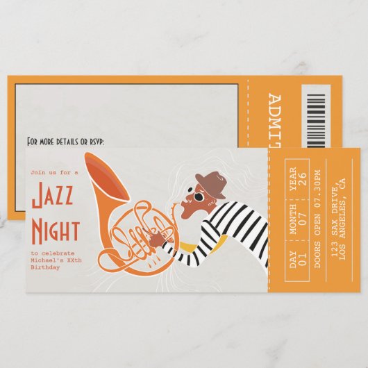 Retro Jazz Night Ticket Kaart (Voorkant / Achterkant)