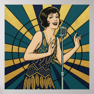 Retro-jazz-zangerposter blauw en goud vintage poster