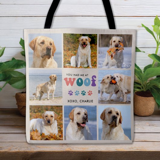 Retro Je Had Me WOOF Custom 8 Foto Collage Hond Tote Bag