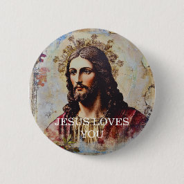 Retro Jezus Houdt Van Jou Ronde Button 5,7 Cm