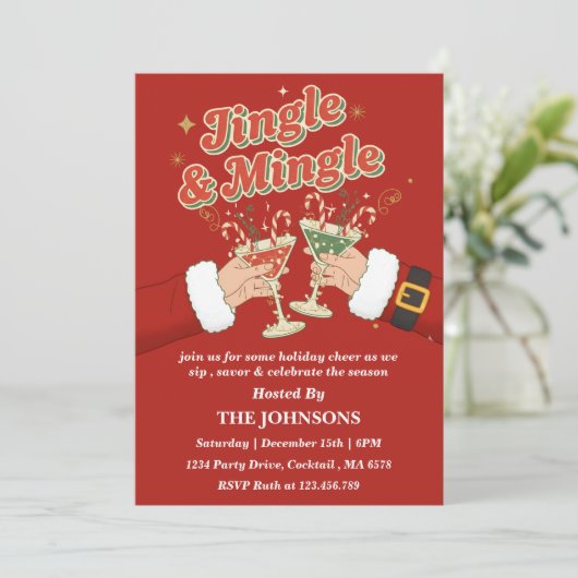 Retro Jingle & Mingle Editable Christmas Party Kaart (Staand voorkant)