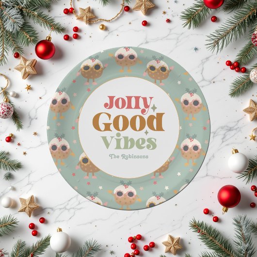 Retro "Jolly Good Vibes" Kerstfeest Papieren Bordje