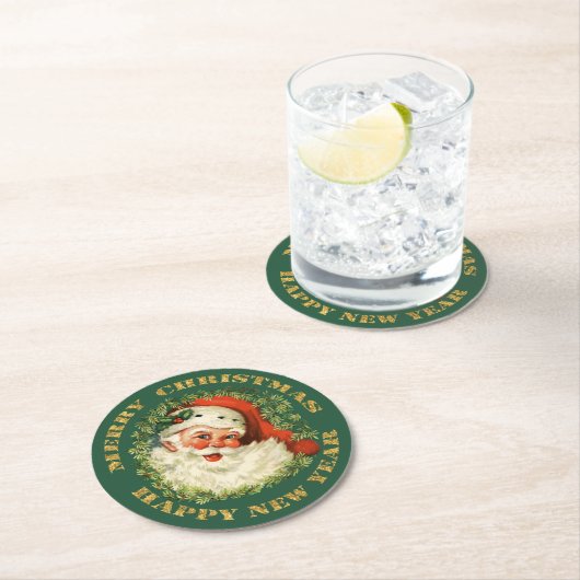 Retro Jolly Old Santa and Wreath Ronde Kartonnen Onderzetter (Insitu)
