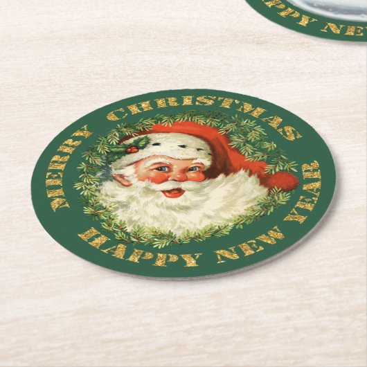 Retro Jolly Old Santa and Wreath Ronde Kartonnen Onderzetter (Gebogen)