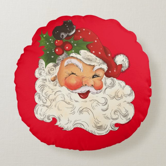  Retro Jolly Santa Claus Kerstmis Rond Kussen (Voorkant)