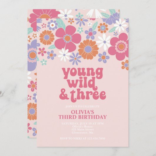 Retro Jong Wilde Drie Roze Bloemige Uitnodiging (Voorkant / Achterkant)