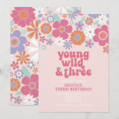 Retro Jonge Wilde Drie Roze Bloemige Uitnodiging (Voorkant / Achterkant)