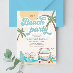 Retro Jongen Het is een strandfeest Surfverjaardag Kaart