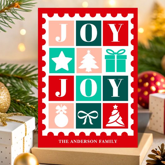 Retro Joy Christmas Postage Stamp Feestdagen Kaart