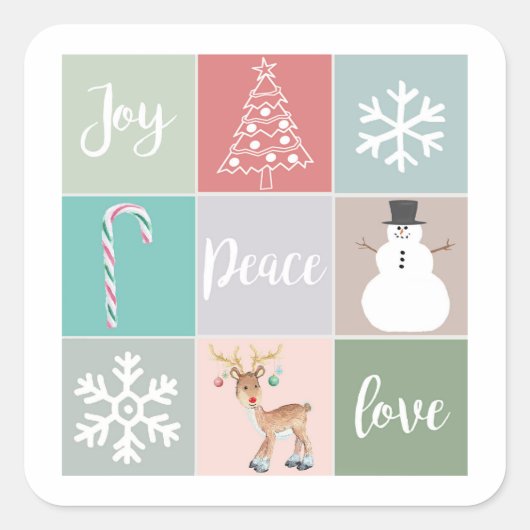 Retro Joy Kerstmisillustraties Envelopzegels Vierkante Sticker (Voorkant)