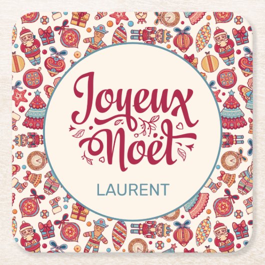 Retro Joyeux Noel Persoonlijk Kartonnen Onderzetters (Voorkant)