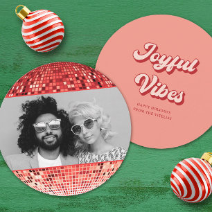 Retro Joyful Vibes Disco Ball Kerstfoto Feestdagenkaart