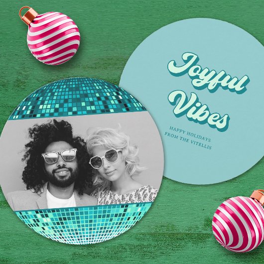 Retro Joyful Vibes Disco Ball Kerstfoto Feestdagenkaart