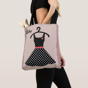 Retro jurk poka stipt zwart wit koraal tote bag