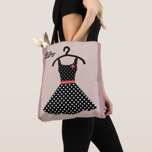 Retro  jurk poka stipt zwart wit koraal tote bag (Dichtbij)
