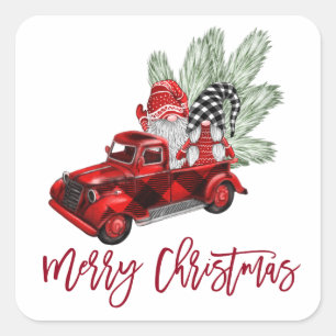 Retro kabouters Kerst Buffel Rode Vrachtwagen Vaka Vierkante Sticker