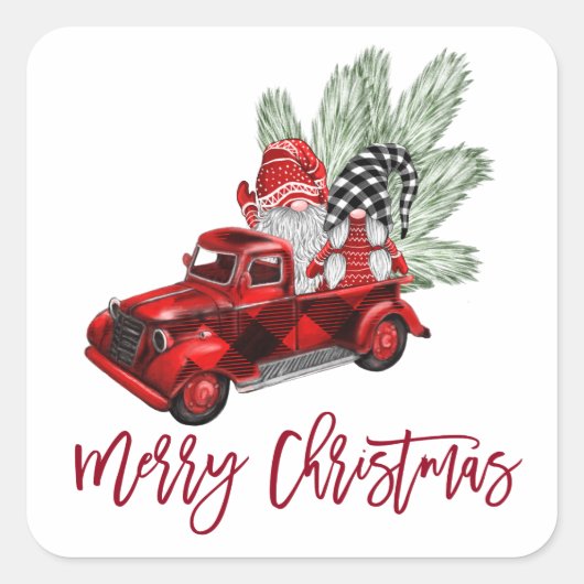 Retro kabouters Kerst Buffel Rode Vrachtwagen Vaka Vierkante Sticker (Voorkant)